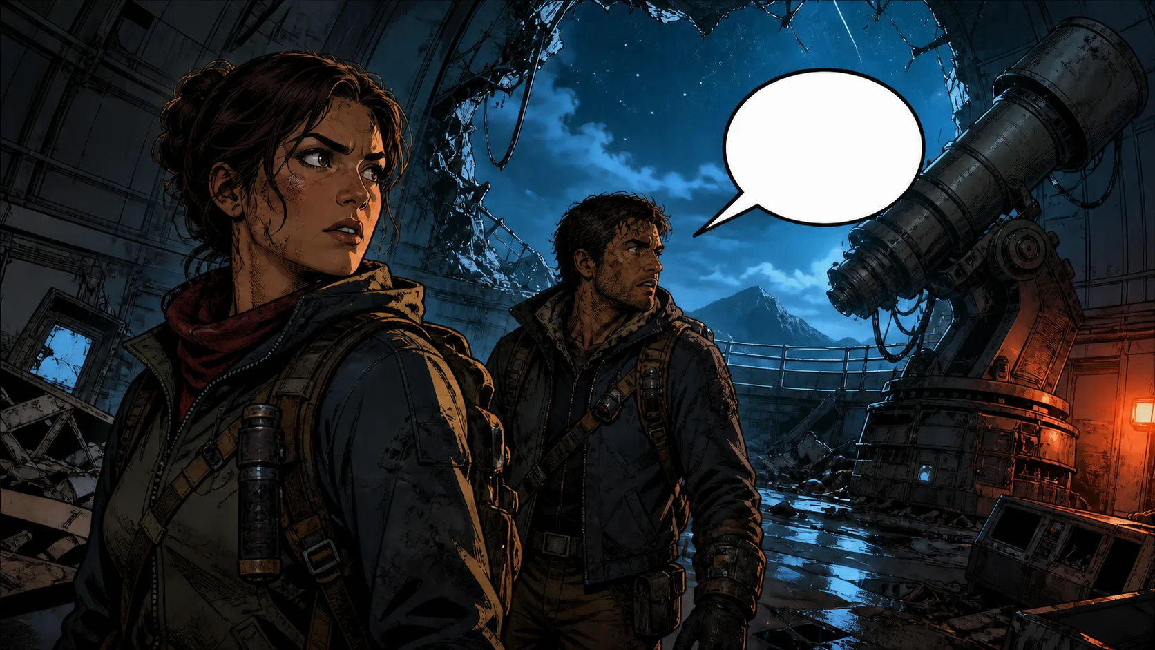 Lettering removed: Original fictional full-color comic speech bubble before and after lettering removal