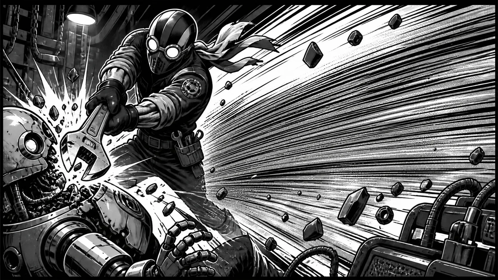 Cleaned lettering: Original fictional action comic panel with a sound effect before and after lettering removal