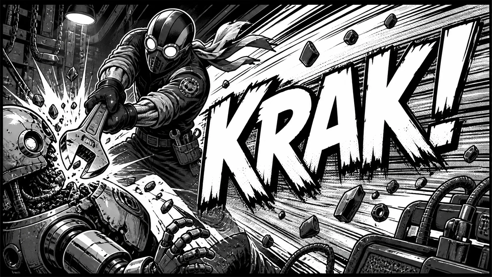 Original sound effect: Original fictional action comic panel with a sound effect before and after lettering removal