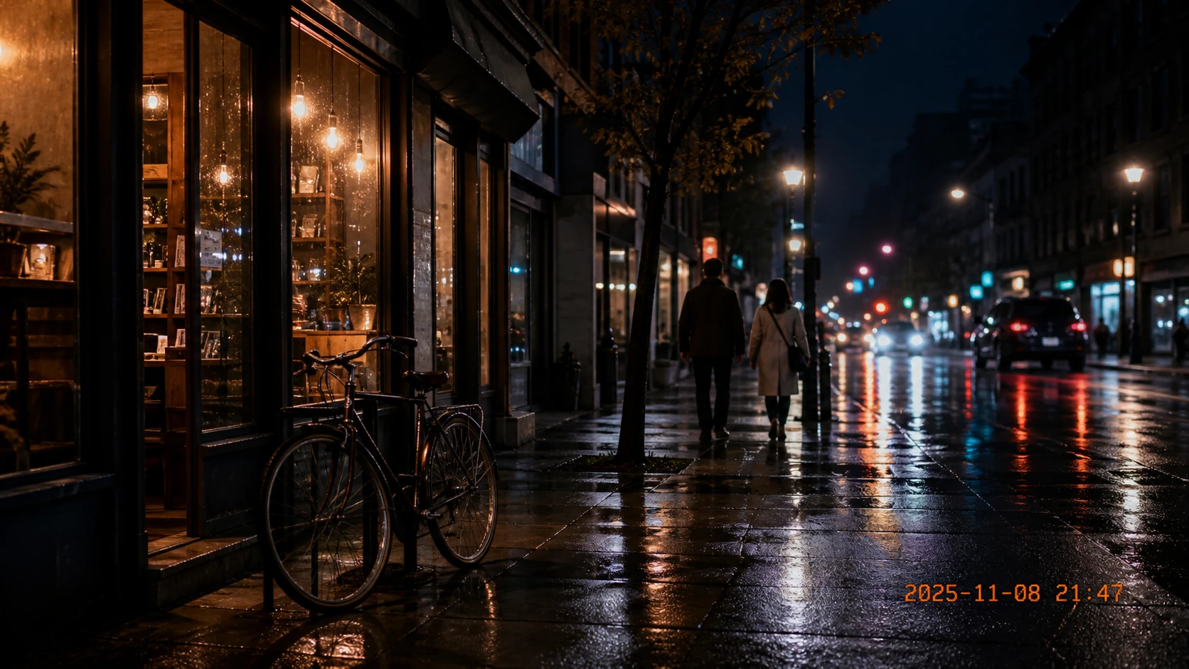 Original: Timestamp removed from a rainy night street photo