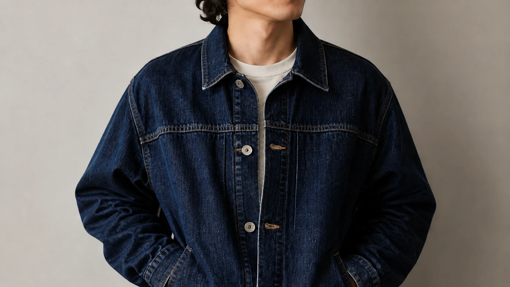 Cleaned: Outfit check text removed from a denim jacket photo