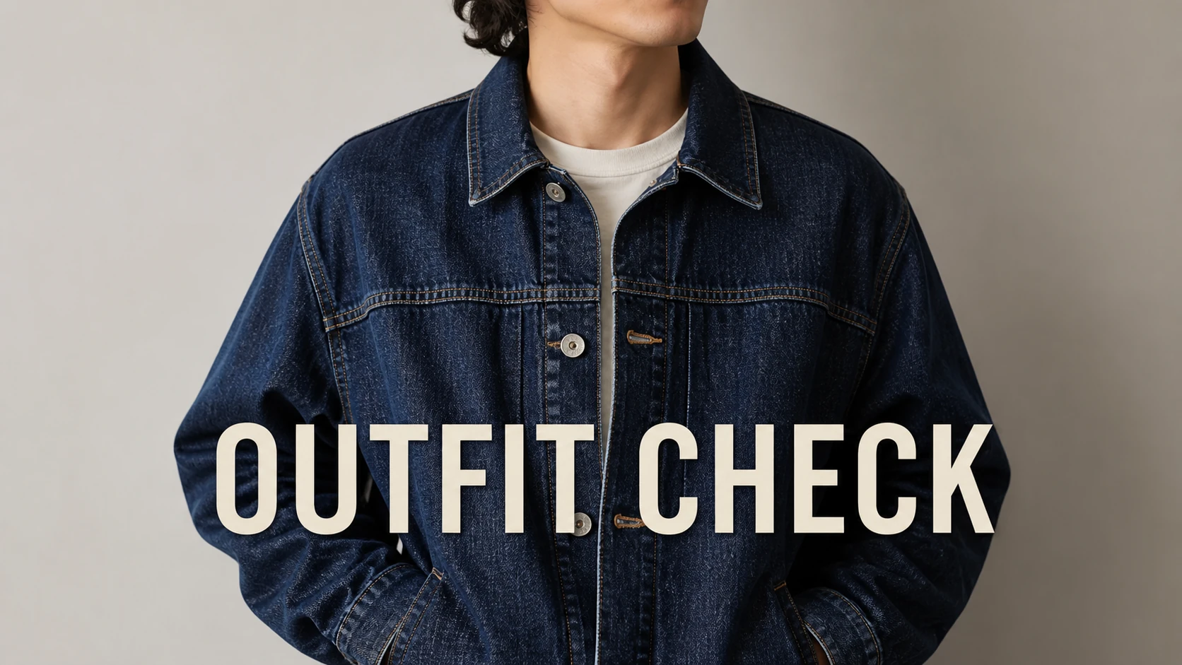 Original: Outfit check text removed from a denim jacket photo