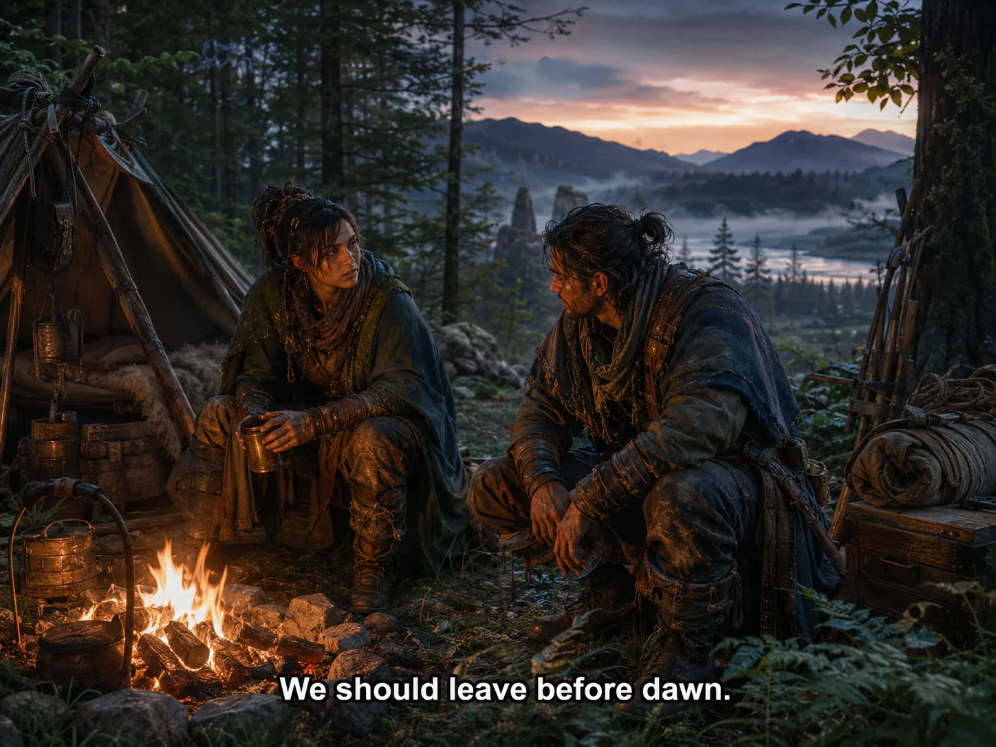 Synthetic input: Synthetic game-like still with a burned-in subtitle, before and after an AI-assisted local edit