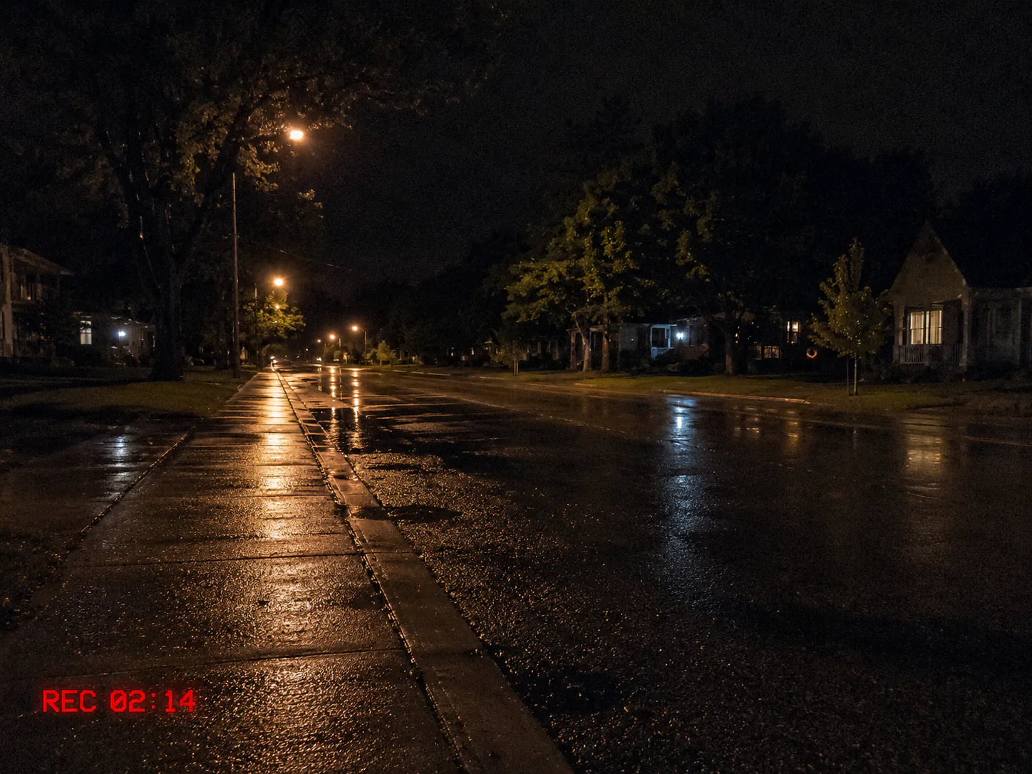 REC overlay: Synthetic wet night street with a red recording overlay, before and after an AI-assisted local edit
