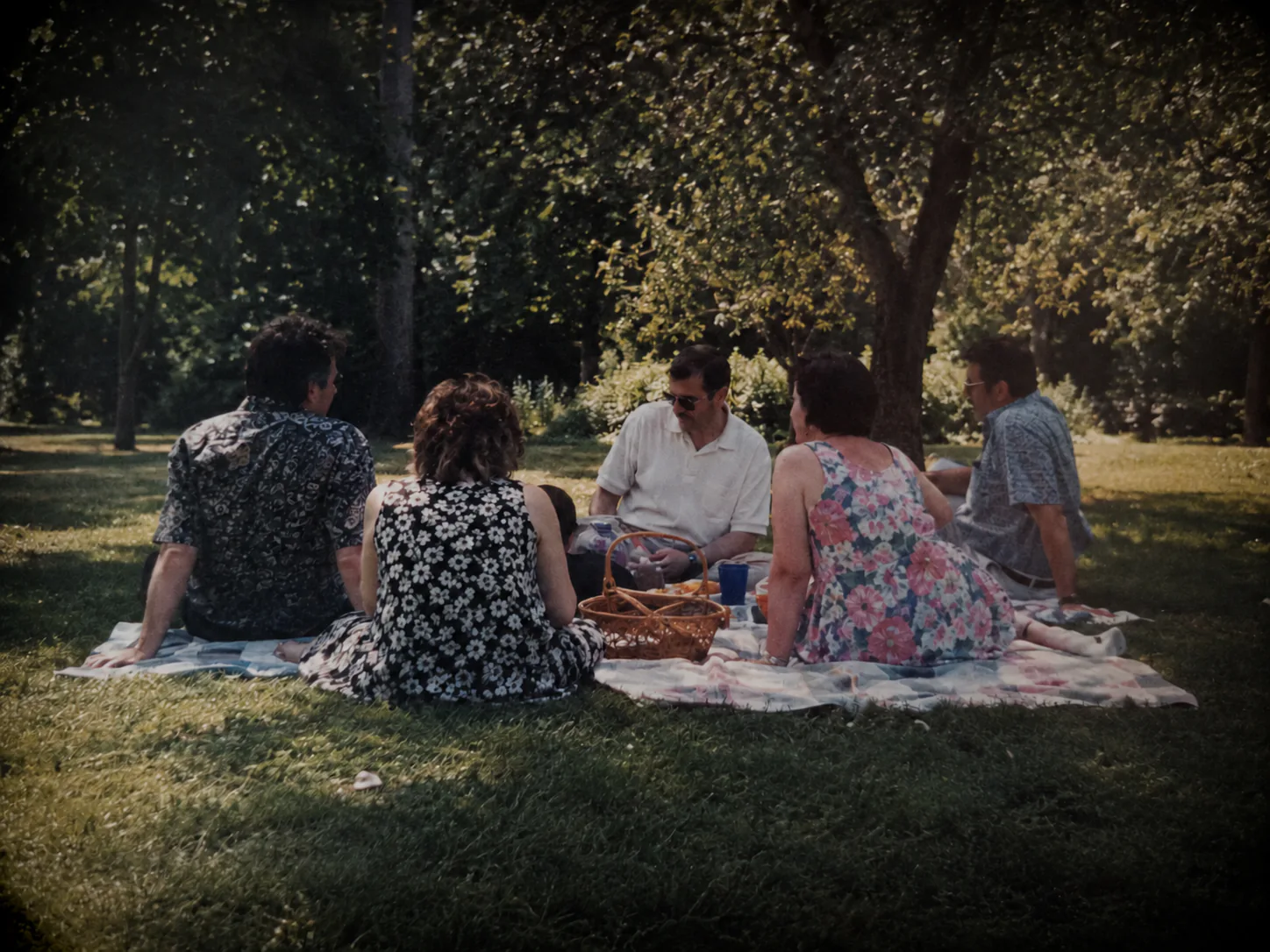 Separate edited copy: Synthetic vintage-style picnic photo with a printed July 1998 date, before and after one edit